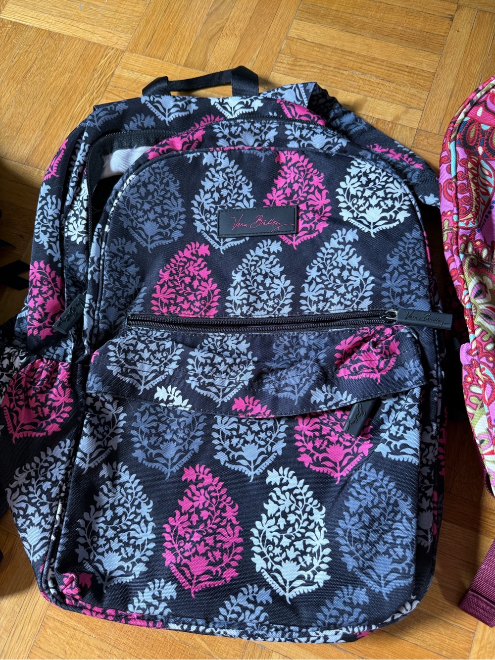 Vera Bradley Black Backpack with Pink & Gray Floral Medallions